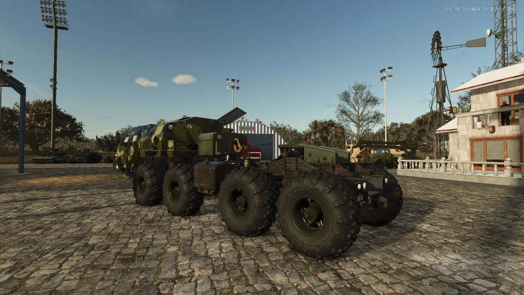 FS25 MAZ MF Pack v1.0.0.0 mod features military-style vehicles on cobblestone. Farming Simulator 25 enhancement.