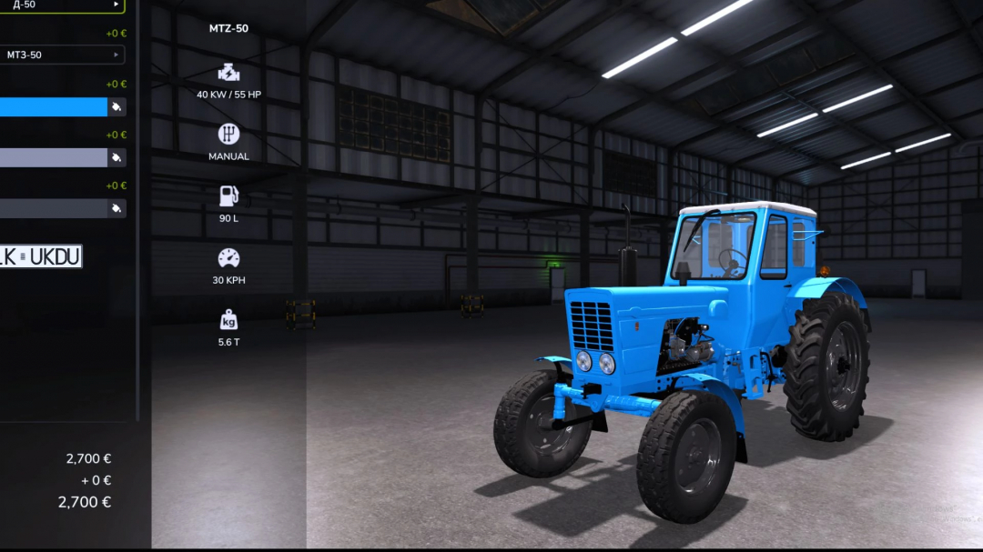 FS25 mod MTZ 50 v1.0.0.0 showing blue tractor in a warehouse with specs displayed on the left.