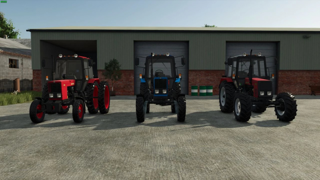 FS25 mods tractors: MTZ 800-1000 Series Fixed in Farming Simulator 25, version 1.0.0.0, showcased in front of a garage.