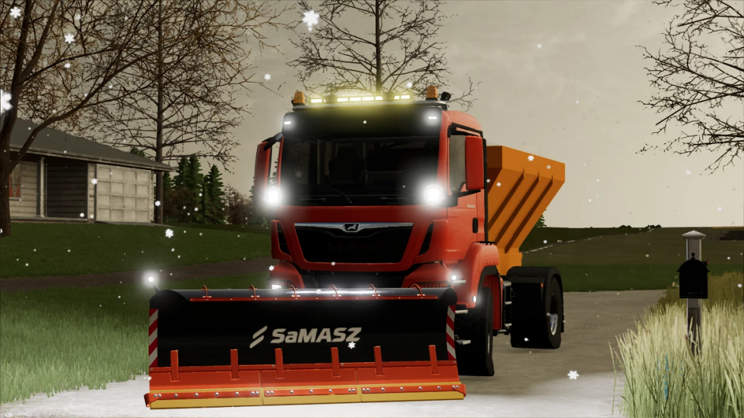 FS22 Manitou mod v1.0.0.0 showing a red truck with a snow plow attachment during snowfall in Farming Simulator 22.