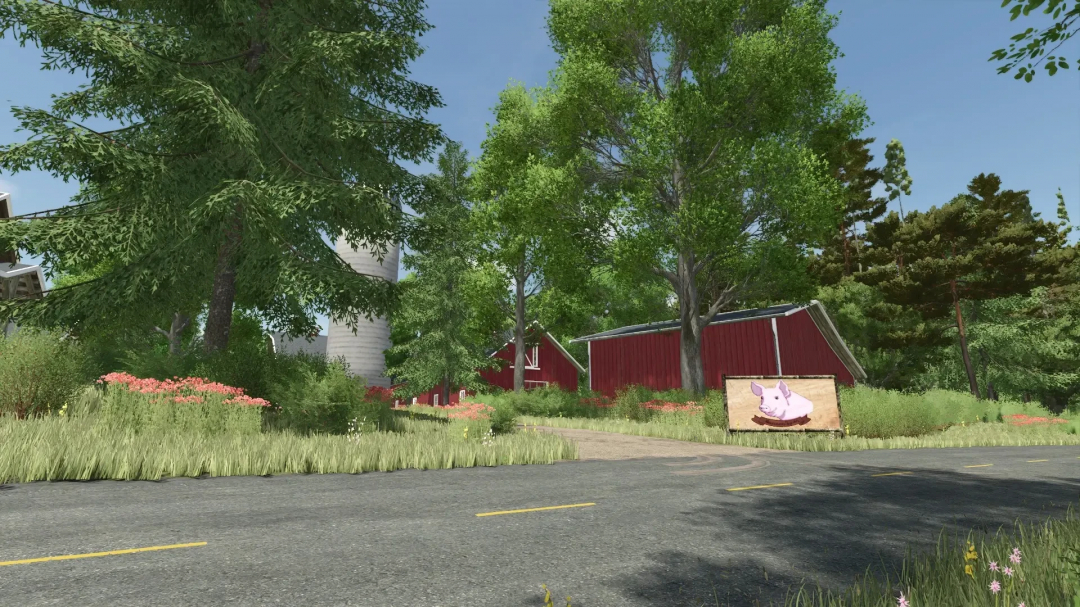 Scenic farm in FS25 Map Feliz mod, with red barns, lush trees, and a pig sign under blue skies.