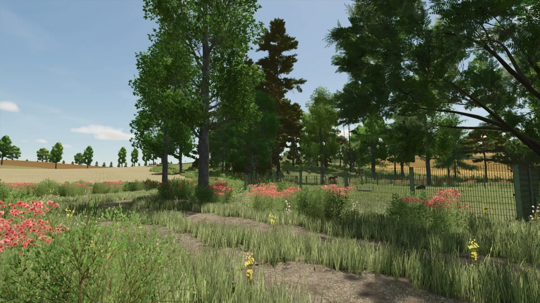 Scenic view of countryside with trees and wildflowers in FS25 mod Map Feliz v1.0.0.3.