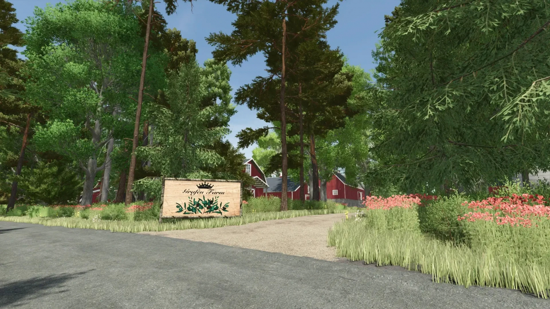 Entrance to Griffin Farm on Map Feliz in FS25, surrounded by lush trees and red barns.