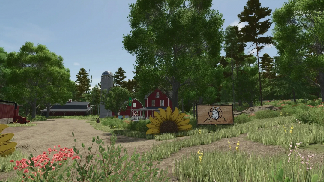 FS25 Map Feliz v1.0.0.3 mod featuring farm buildings, silo, and lush greenery in Farming Simulator 25.