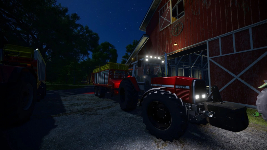 Massey Ferguson 3670 tractor mod in FS25 parked at night beside a barn.