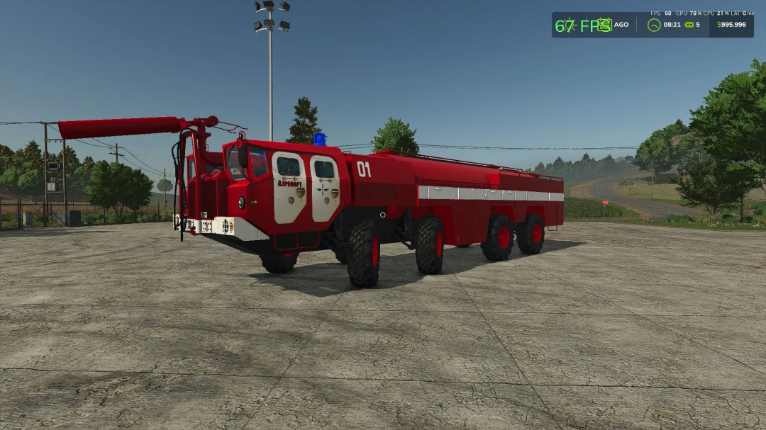 Maz 543 fire truck mod in FS25, painted red and white, parked on a concrete lot under a blue sky.