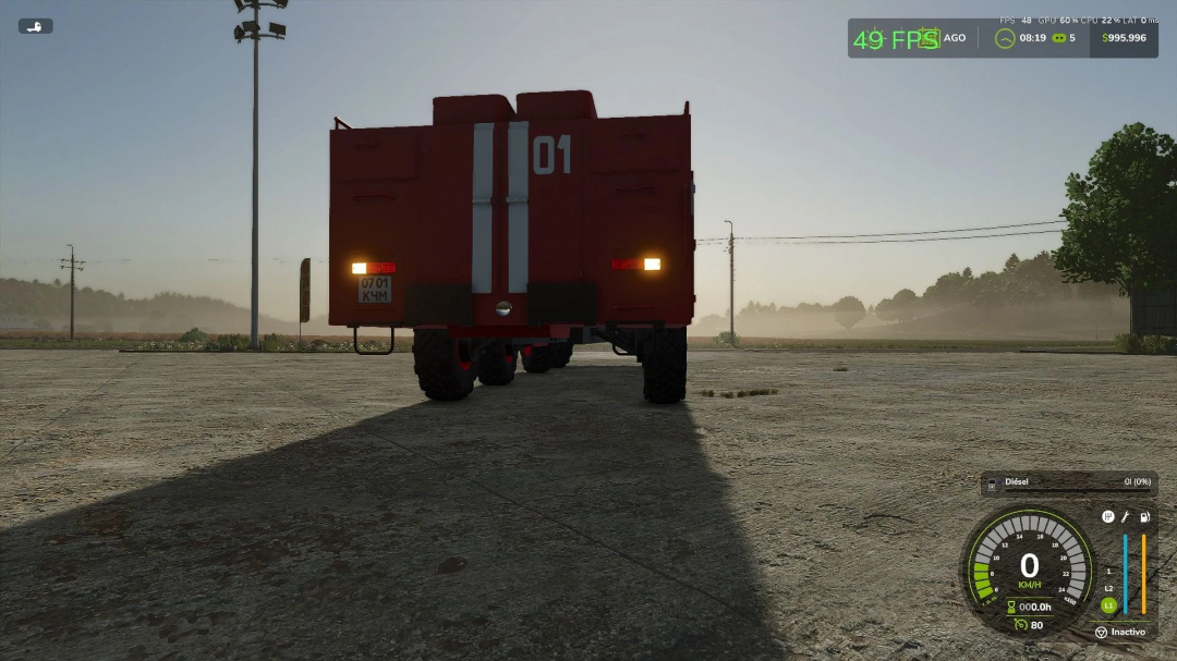 Back view of Maz 543 mod for Farming Simulator 25 with red exterior and white stripes, showing rear lights. FS25 mods.