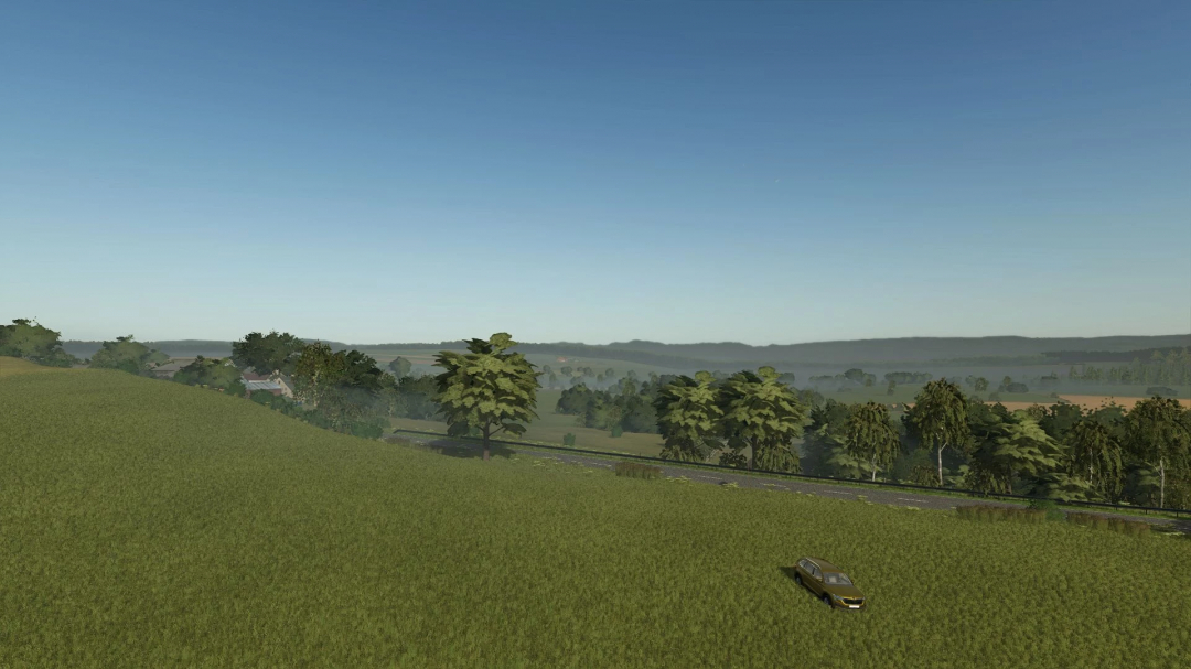 Scenic landscape of Mazury Map in FS25 mod, featuring rolling hills, trees, and a parked car on grass under a clear sky.