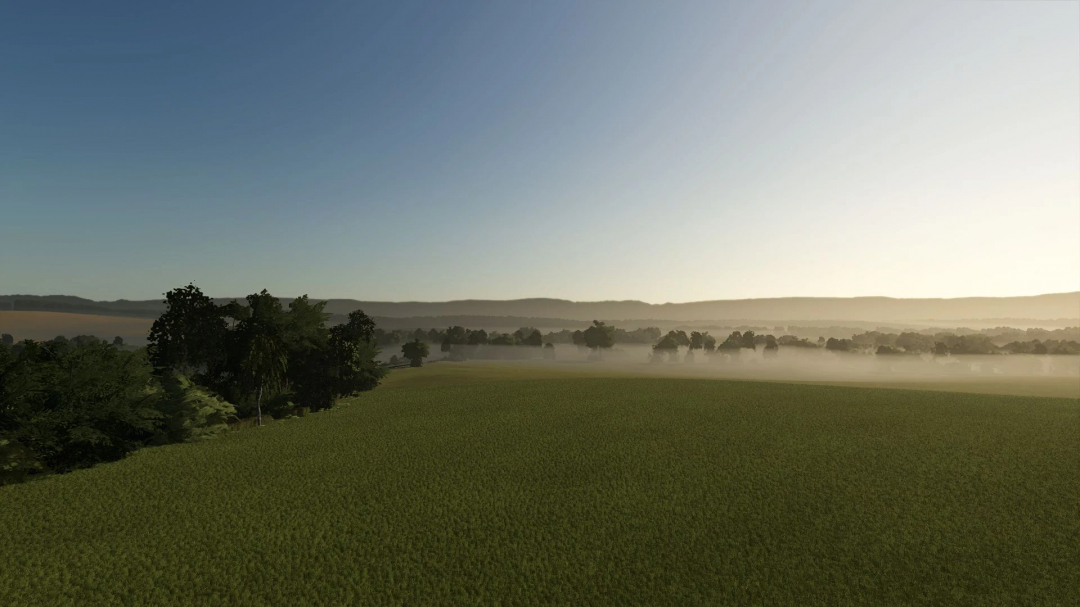 Scenic morning landscape of Mazury Map in FS25 with fog over fields and forests.