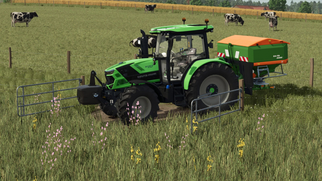 FS25 mods Meadow Fence Pack v1.0.0.0: Tractor in fenced meadow with cows in Farming Simulator 25.