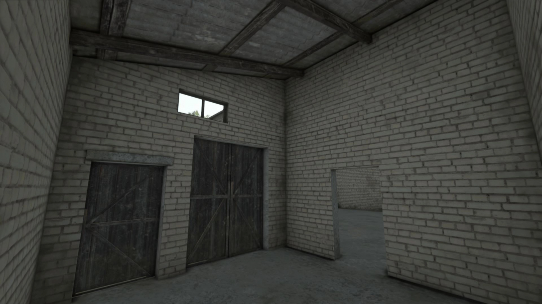 Interior of Medium Polish Garage mod in FS25 showing brick walls and wooden doors.