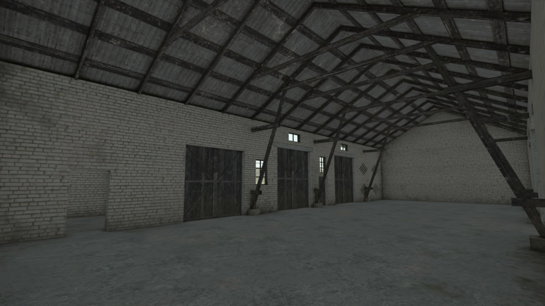 Interior view of Medium Polish Garage mod for FS25, featuring brick walls and wooden support beams.