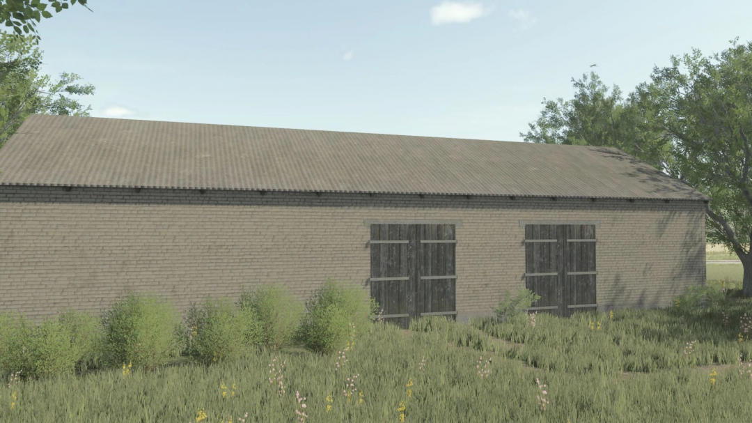 Medium Polish garage mod for FS25. Brick building with wooden doors surrounded by grass and trees in Farming Simulator 25.