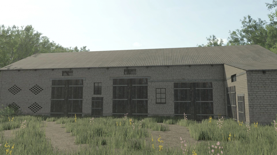 Medium Polish Garage mod in FS25, featuring a brick structure with large wooden doors in a grassy setting.