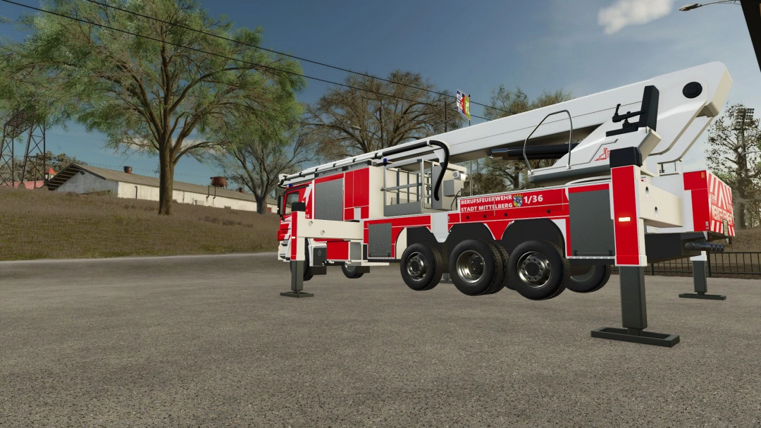 FS25 mod image of Mercedes Benz BF Mittelberg fire truck parked with extended outriggers.