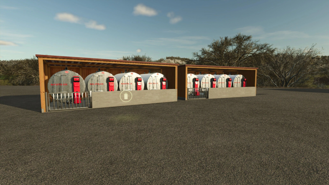 FS25 mod Milk Tank Extension v1.0.0.0 featuring multiple milk tanks under a wooden shelter in Farming Simulator 25.