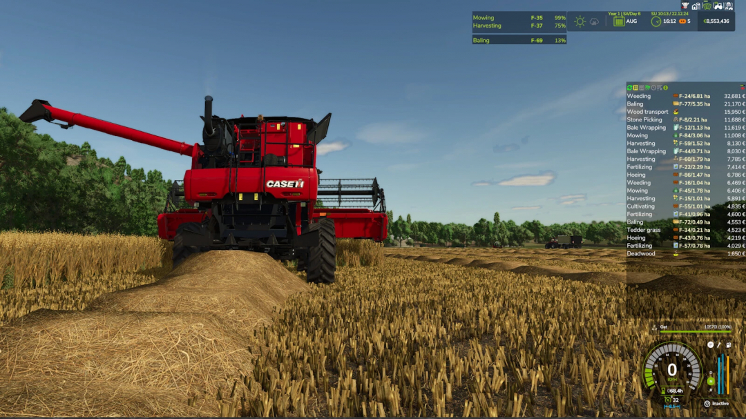 FS25 mod feature shows a red combine harvester operating in a field with mission details overlayed, highlighting tasks in Farming Simulator 25.