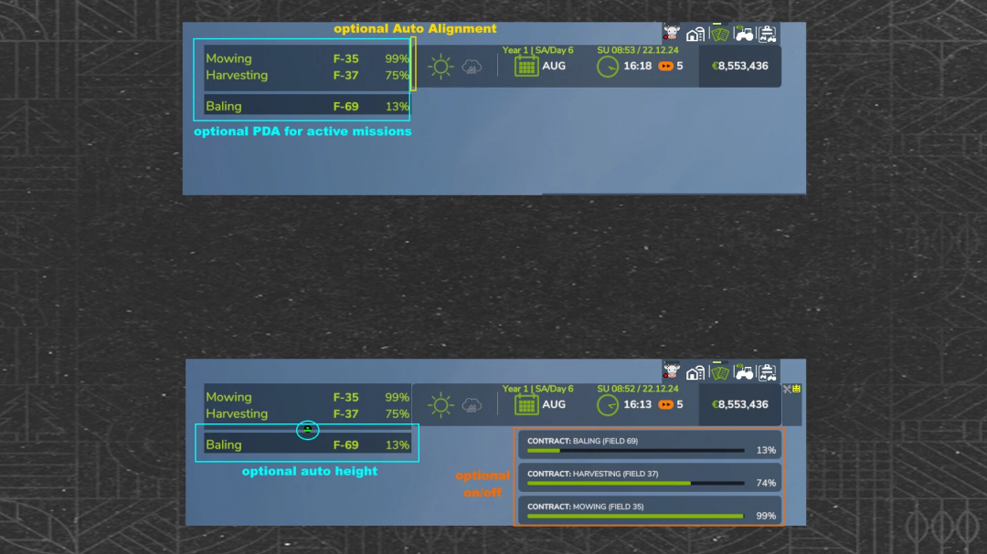 Farming Simulator 25 mod Missions Display v1.0.0.0 showing mission progress on fields with optional features.