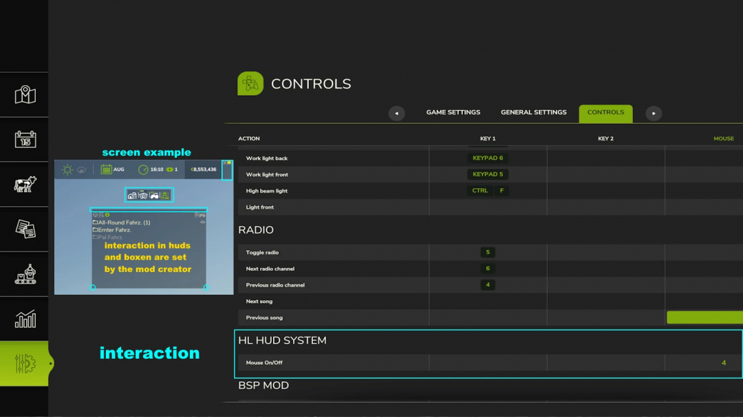 FS25 mod Missions Display v1.0.0.0, showing control settings screen with HUD interaction example.