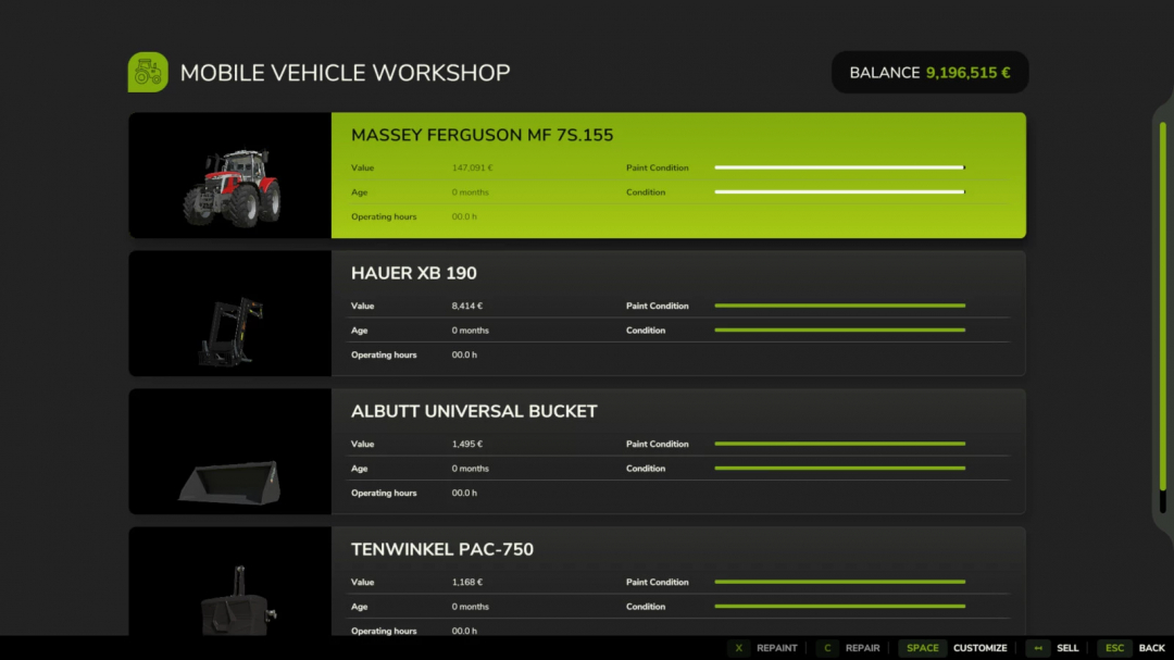 FS25 mod Mobile Workshop v1.0.0.0 interface showing vehicle and equipment stats including Massey Ferguson MF 7S.155.