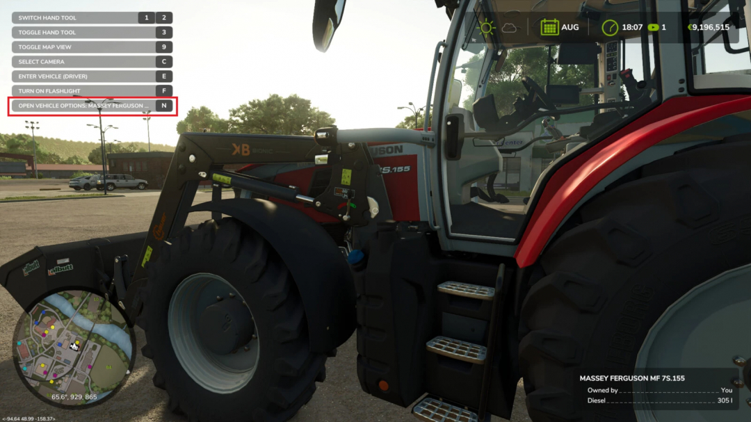 Close-up of a Massey Ferguson MF 7S.155 tractor with vehicle options menu in FS25 Mobile Workshop mod.