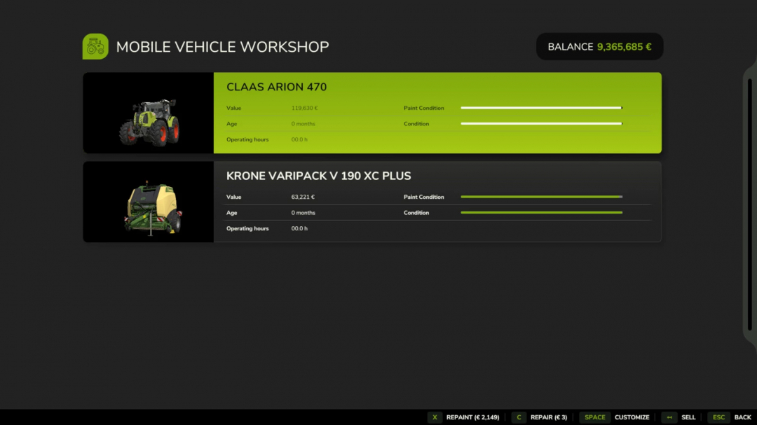 FS25 Mobile Workshop mod showing CLAAS ARION 470 and KRONE VARIPACK V 190 XC PLUS vehicle conditions and values.