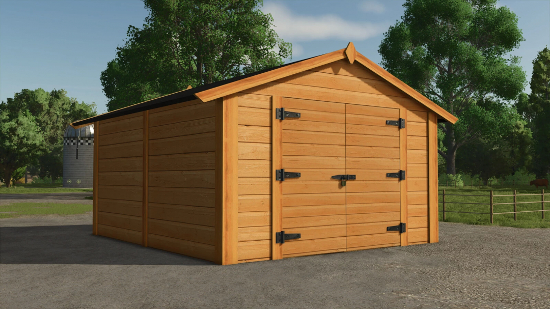 Wooden shed in New England style for FS25 mod, surrounded by trees and a silo in the background.