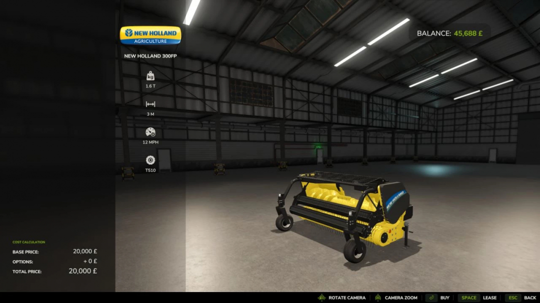 New Holland 300FP mod in FS25 shown in a virtual garage, emphasizing specifications and pricing.