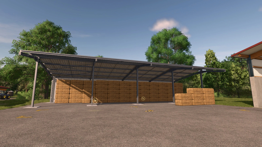 Object Storages mod in FS25 with hay bales under a metal shelter.