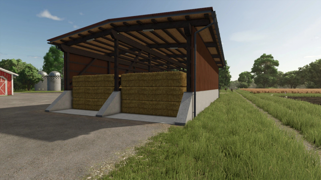 Farming Simulator 25 mod: Objectstorage Shed filled with hay bales on a farm.