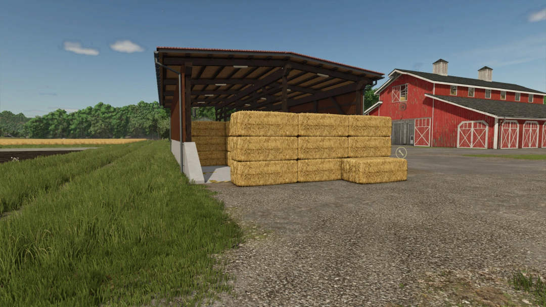 FS25 mods, Objectstorage Shed with hay bales next to a red barn in Farming Simulator 25.