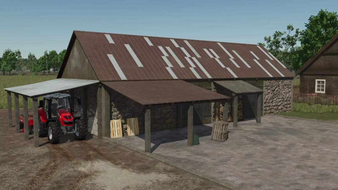 Old Farm Building Set mod for FS25 featuring a stone barn and red tractor, enhancing Farming Simulator 25 rural realism.