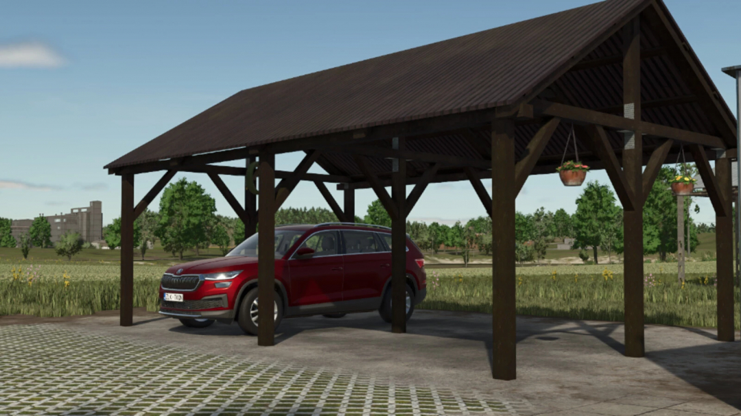 FS25 mods Old Farm Building Set v1.0.0.0 features a wooden carport with a red car, grassy field in background.