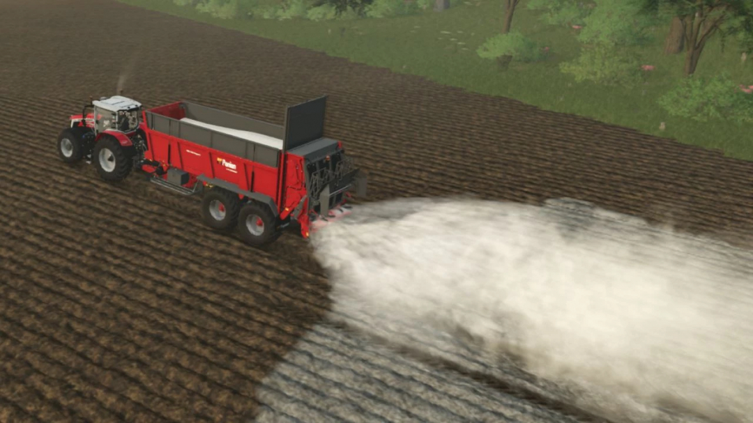 Farming Simulator 25 mod Panien La Campagne v1.0.0.0 shown with a tractor spreading lime on a field.