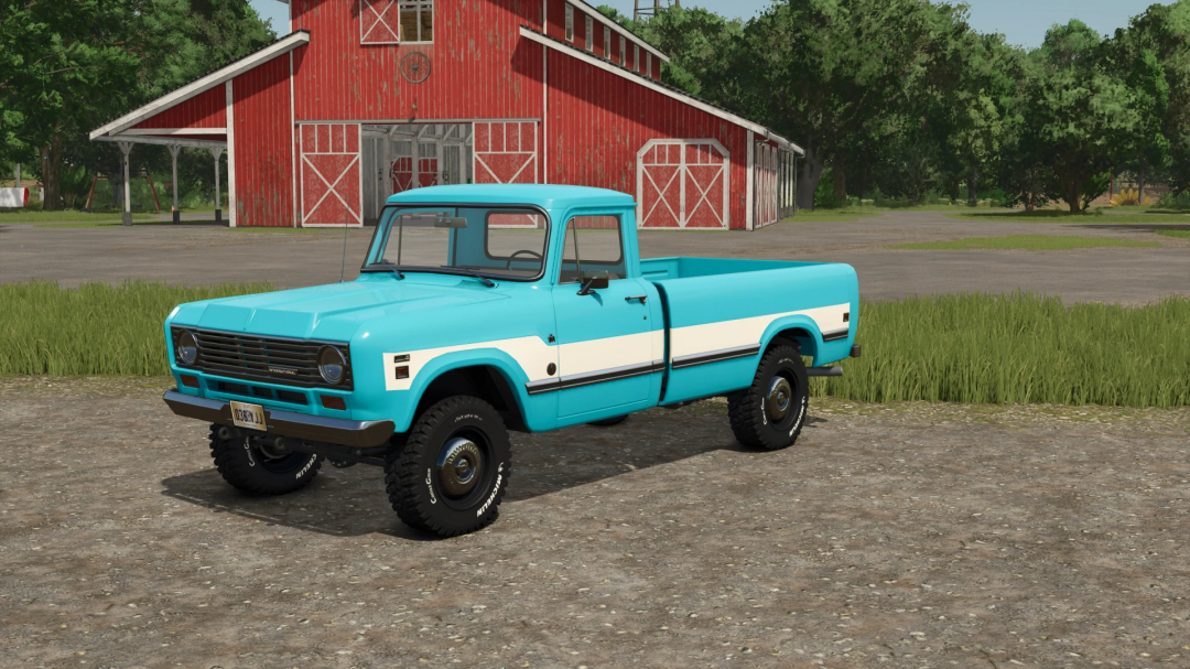 Blue PickUp International Serie 200 mod for FS25 parked in front of a red barn.