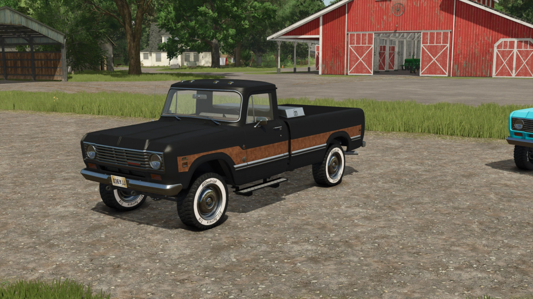 FS25 mods: PickUp Internation Serie 200 in front of a red barn in Farming Simulator 25.