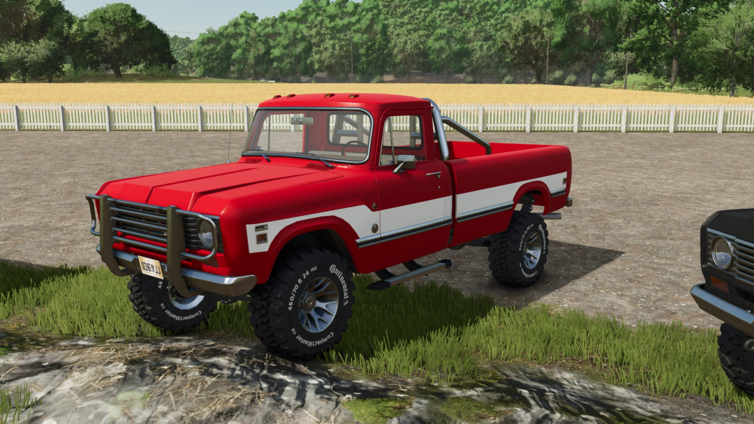 Red PickUp International Serie 200 mod in FS25, displaying detailed design in a rural setting.