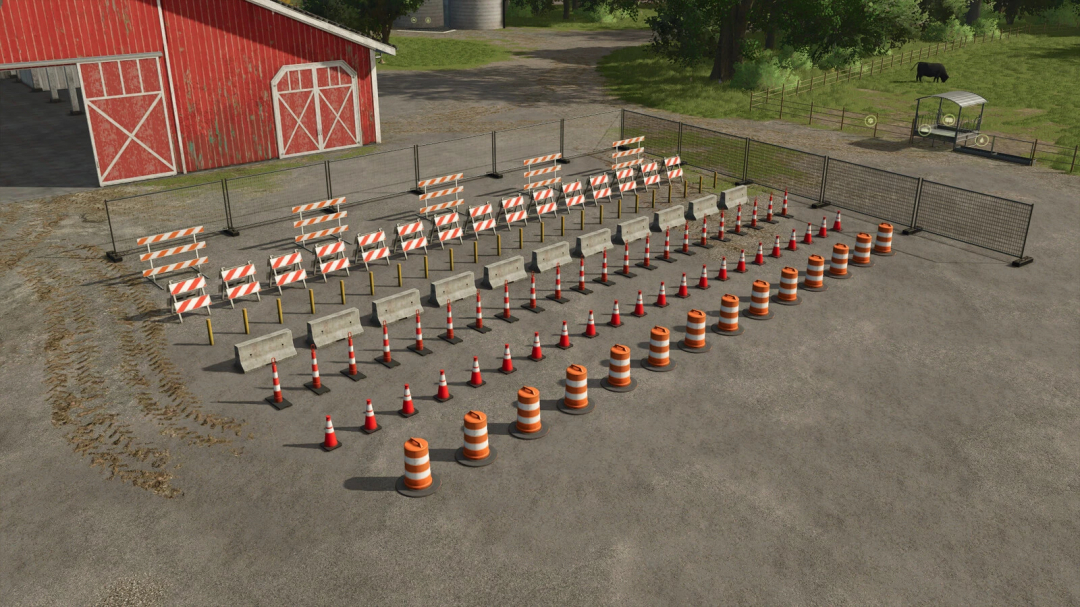 Placeable construction signs and cones in FS25 mod near a red barn.