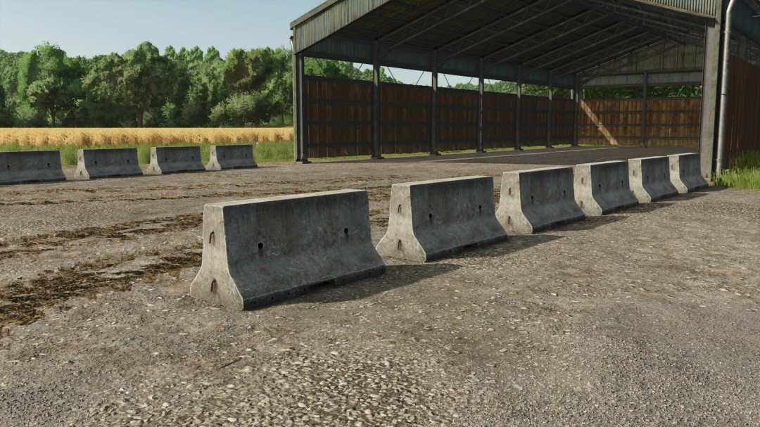 Concrete barriers in FS25 mod Placeable Construction Signs near a shed.