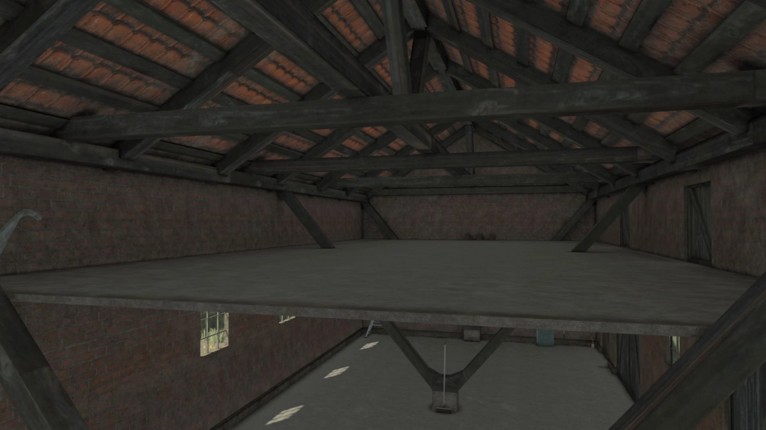 Interior view of Post German Barn mod for FS25, showing wooden beams and brick walls.