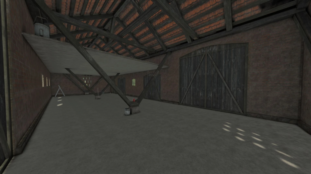 Interior of Post German Barn mod in FS25, featuring wooden beams and brick walls.