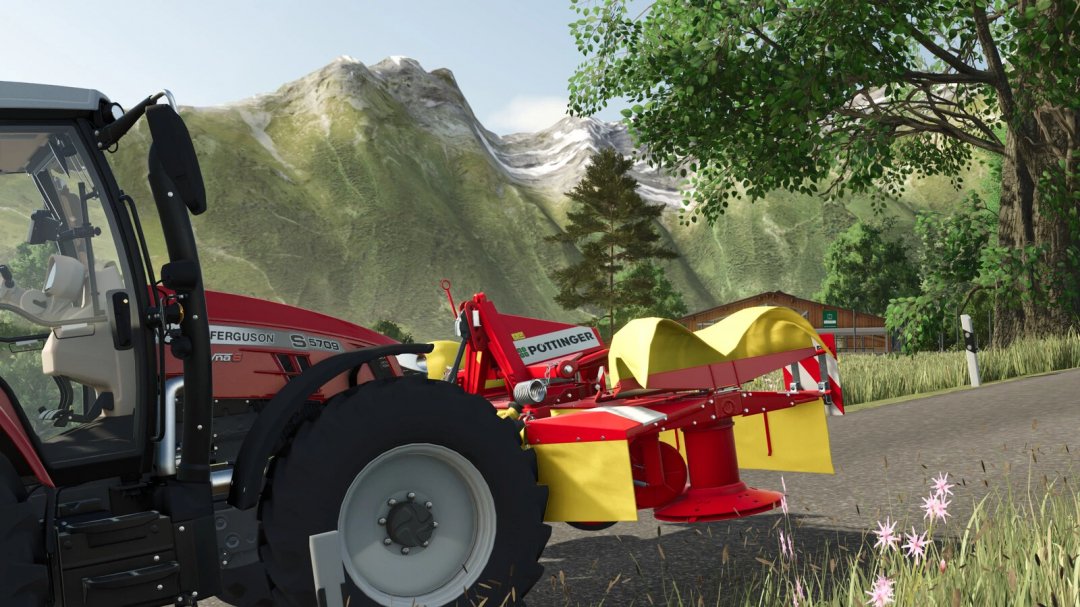 Pöttinger CAT Pack mod in FS25 showcases a tractor with mowing equipment set against a scenic mountain backdrop.