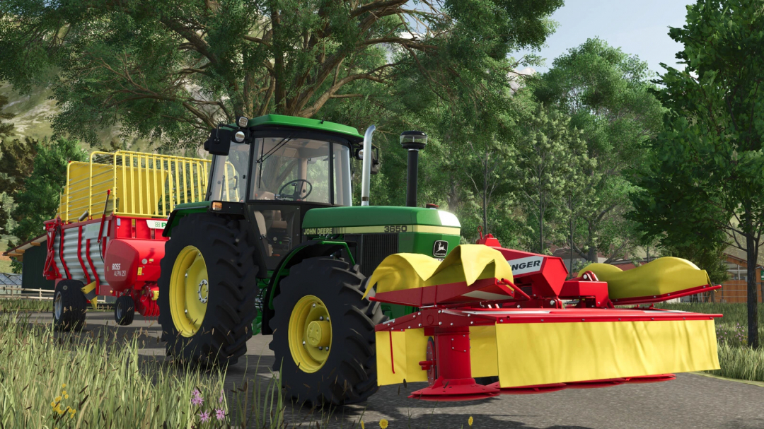 Pöttinger CAT Pack mod in Farming Simulator 25 showcasing a tractor with attachments on a farm setting.