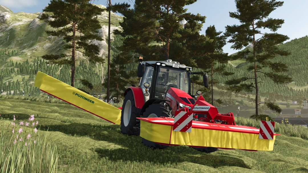 FS25 mod: Pöttinger CAT Pack v1.0.0.0 with a red tractor and yellow mower in a scenic farm landscape.