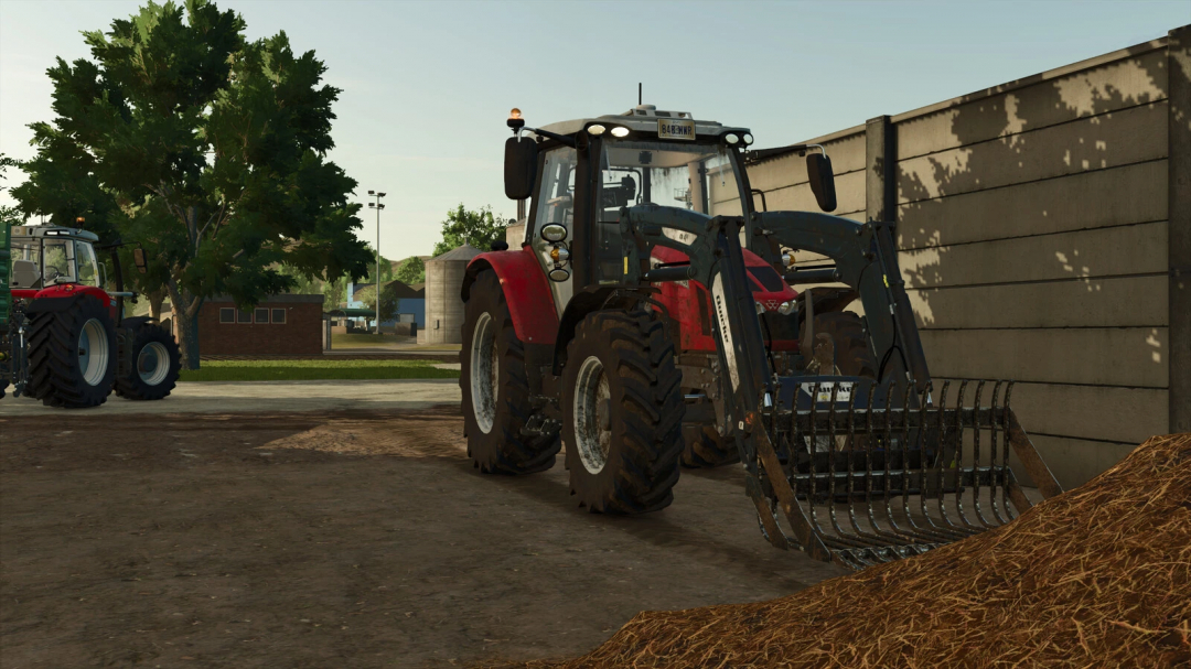 FS25 mod Quicke Stengrep Pack v1.0.0.0 showing a tractor with a front loader near a haystack.