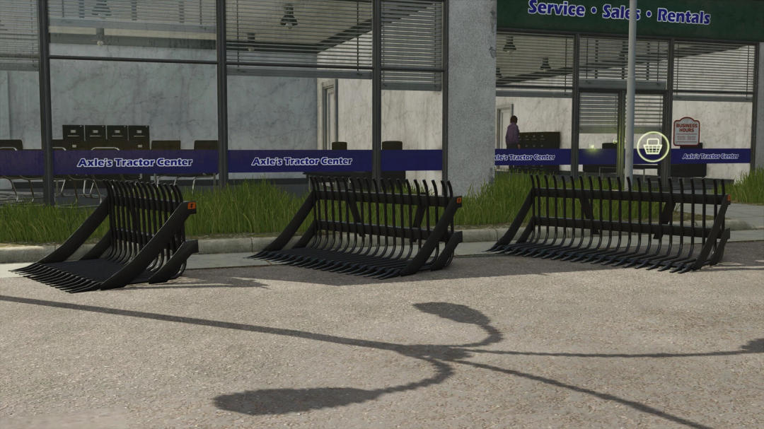 Three Quicke Stengrep attachments outside Axle's Tractor Center in FS25 mod.