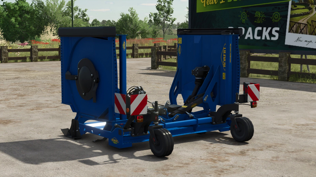 FS25 mod ROBERT F4700 v1.0.0.0, a blue agricultural machine, displayed on an outdoor farm setting.