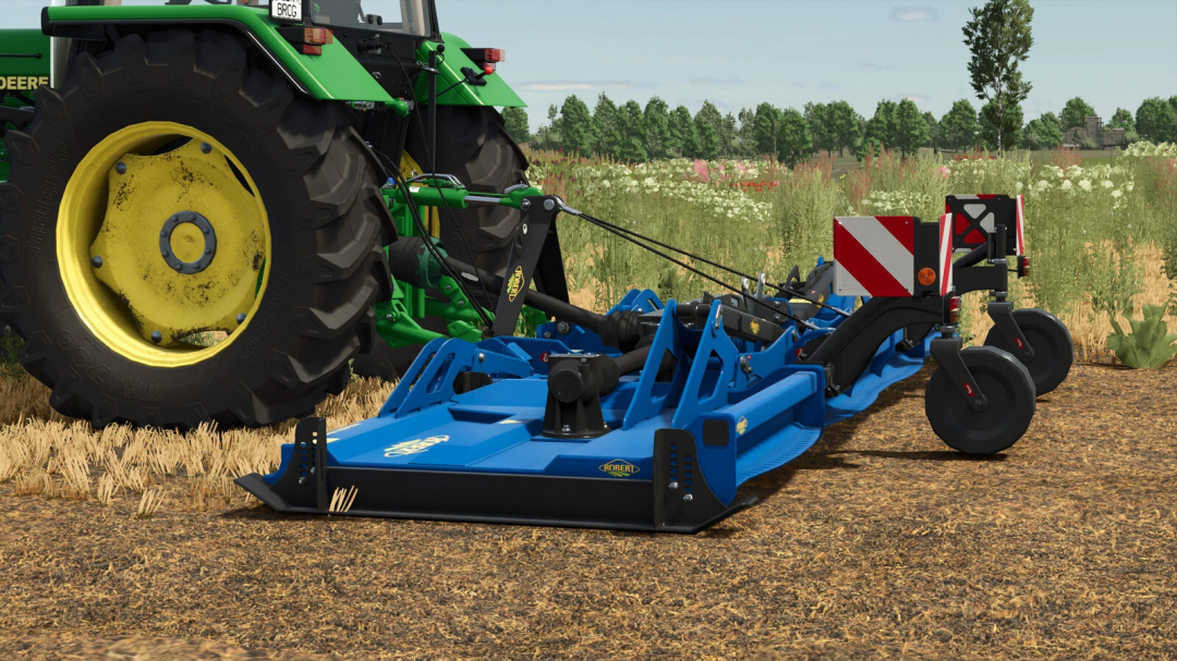 FS25 mod ROBERT F4700 v1.0.0.0 attached to a green tractor in a farming field.