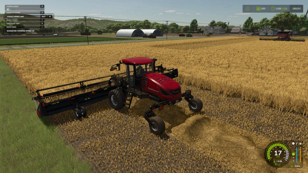 FS25 mod Real Speed Limit v1.0.0.0 shown with red harvester in wheat field, enhancing Farming Simulator 25 gameplay.