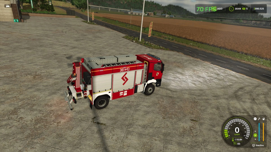 Renault 381P43 fire truck mod in FS25, parked on concrete near a field.